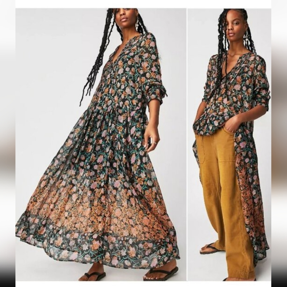 FREE PEOPLE See It Through Long Sleeve Maxi DRESS  Floral Black Combo NWOT